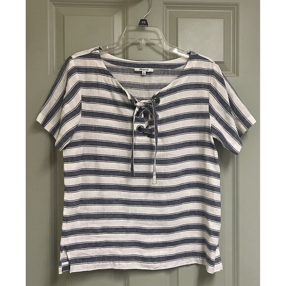 MADEWELL Striped Lace Up Top Size XS Nautical Linen/Cotton Short Sleeve Boxy - Picture 2 of 9